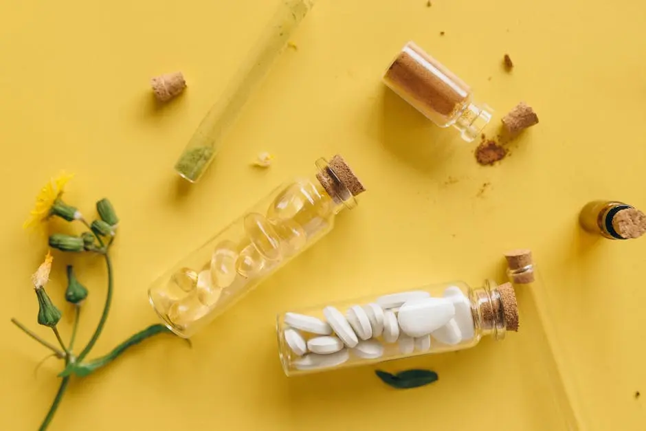 Top view of medicinal herbs, pills, and powders in bottles against a vibrant yellow backdrop.