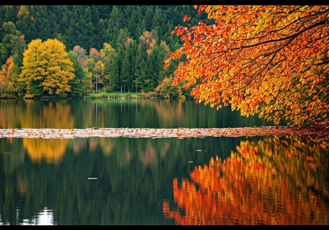 A serene lake with autumn leaves reflecting in water. 35mm stock photo