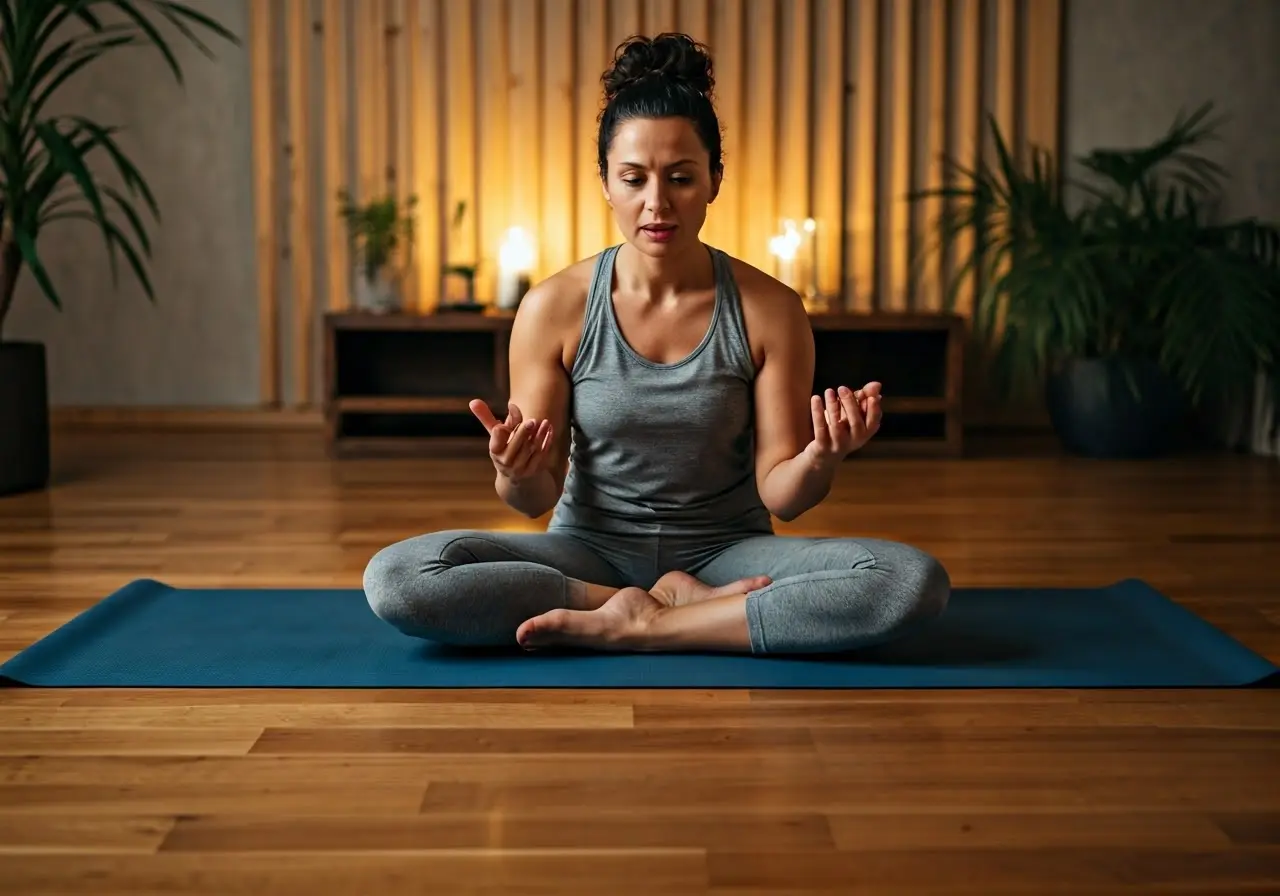 Yoga instructor guiding an online class with peaceful ambiance. 35mm stock photo