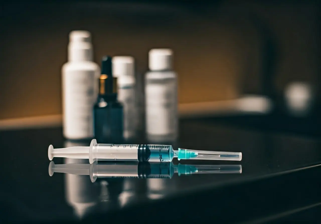 A close-up of syringes and skincare products on a counter. 35mm stock photo