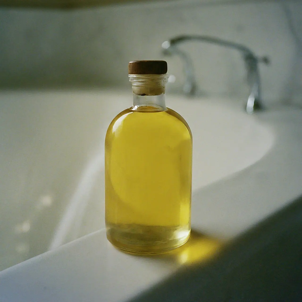 A bottle of bath oil beside a luxurious bath. 35mm stock photo