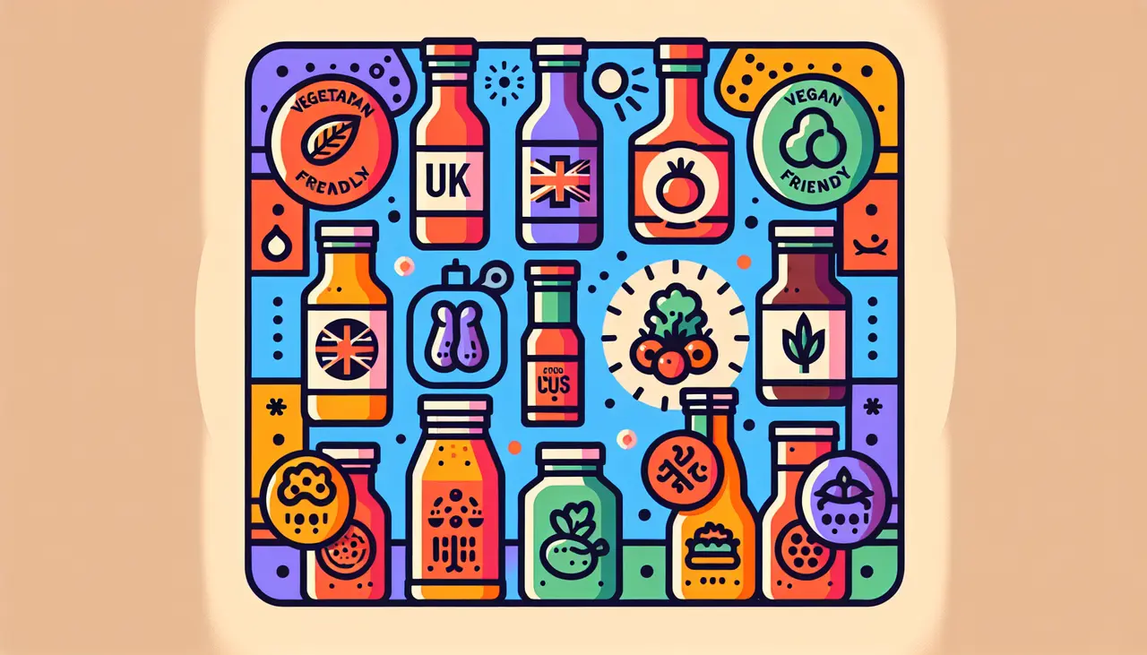 Draw a graphic in flat design style. A variety of UK sauce bottles labeled Vegetarian and Vegan-Friendly with simple ingredient icons around them.