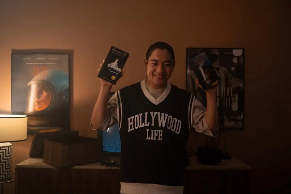 Smiling man holding vintage VHS tapes, standing in a warmly lit room with classic movie posters.