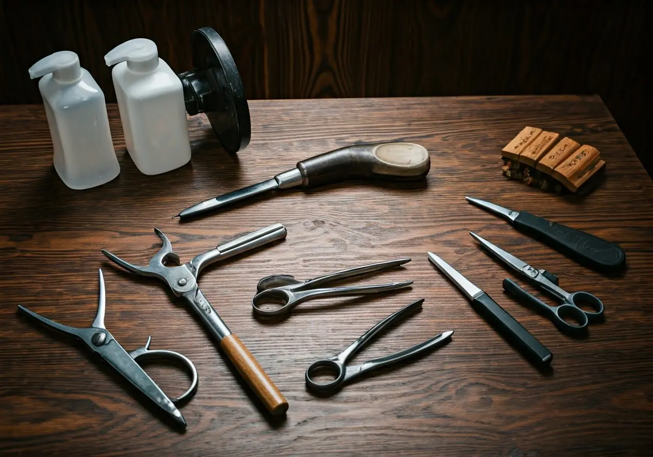 A chiropractor’s tools arranged neatly on a wooden table. 35mm stock photo