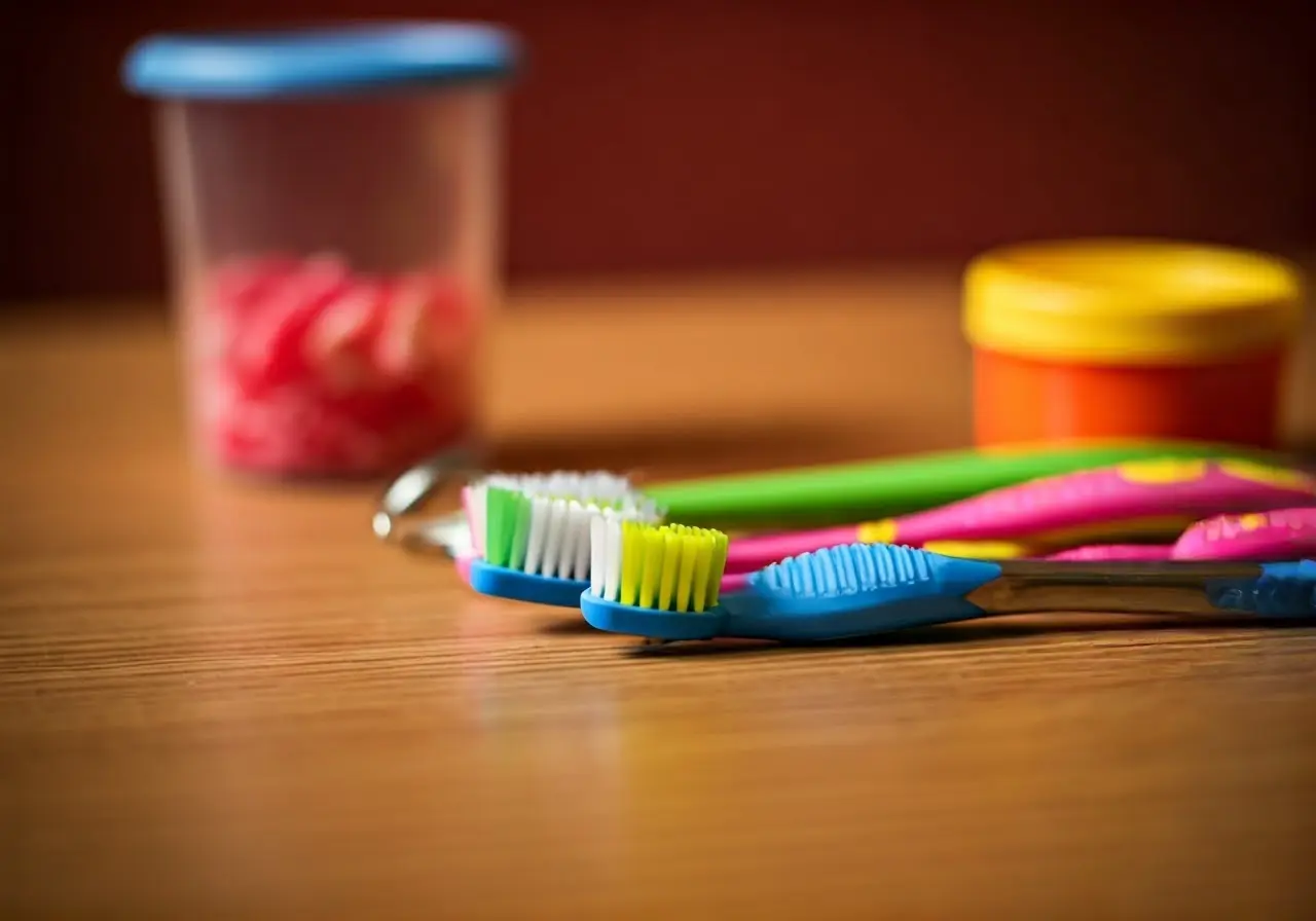 A colorful toothbrush and children’s dental tools on a table. 35mm stock photo