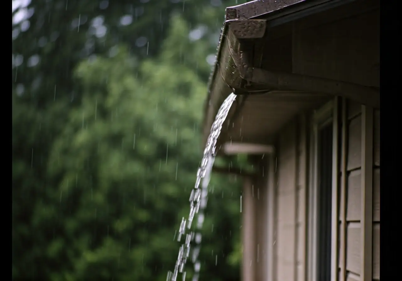 Rainwater flowing through clean gutters on a suburban Atlanta home. 35mm stock photo