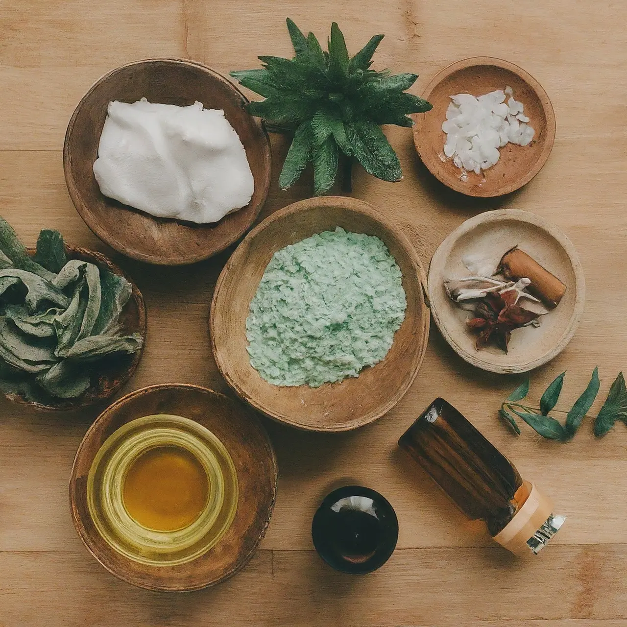 Various natural skincare ingredients on a wooden background. 35mm stock photo