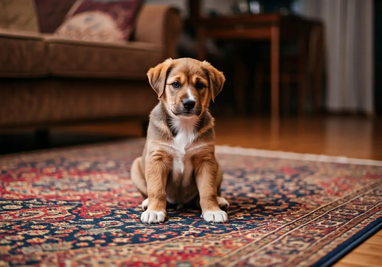 A puppy sitting on a colorful living room rug. 35mm stock photo