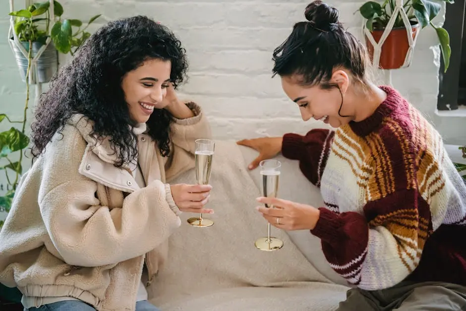 Young happy Hispanic female friends with glasses of champagne having fun sitting on sofa and celebrating holiday