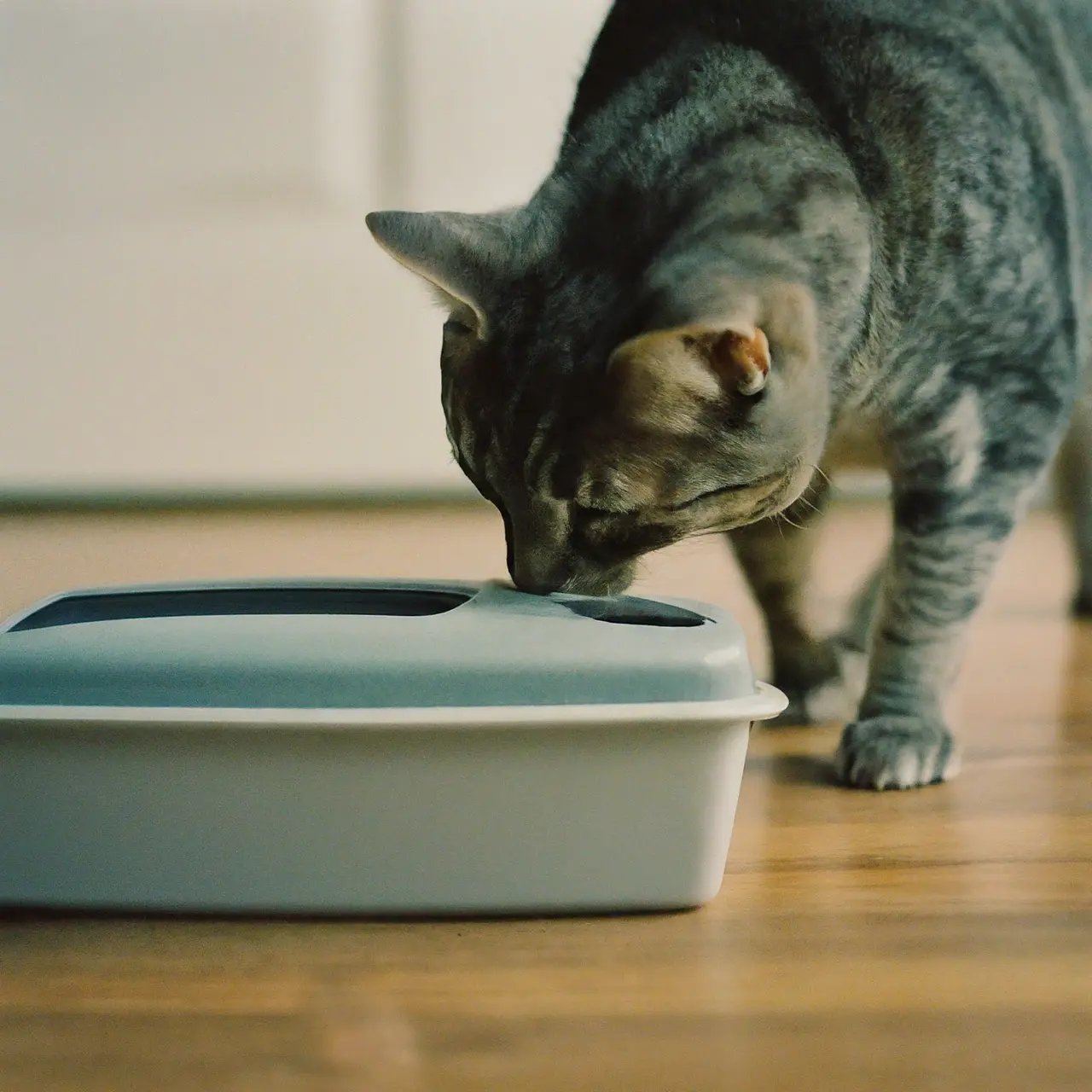 A cat investigating a disposable litter box. 35mm stock photo