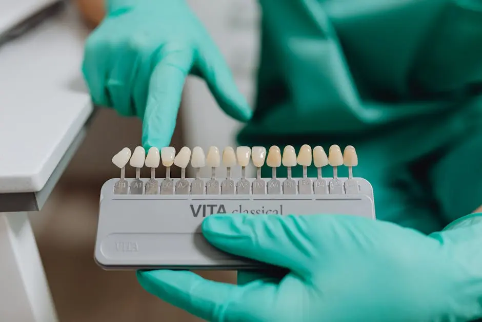 Close-up of dentist using a tooth shade guide for accurate dental matching in clinic.