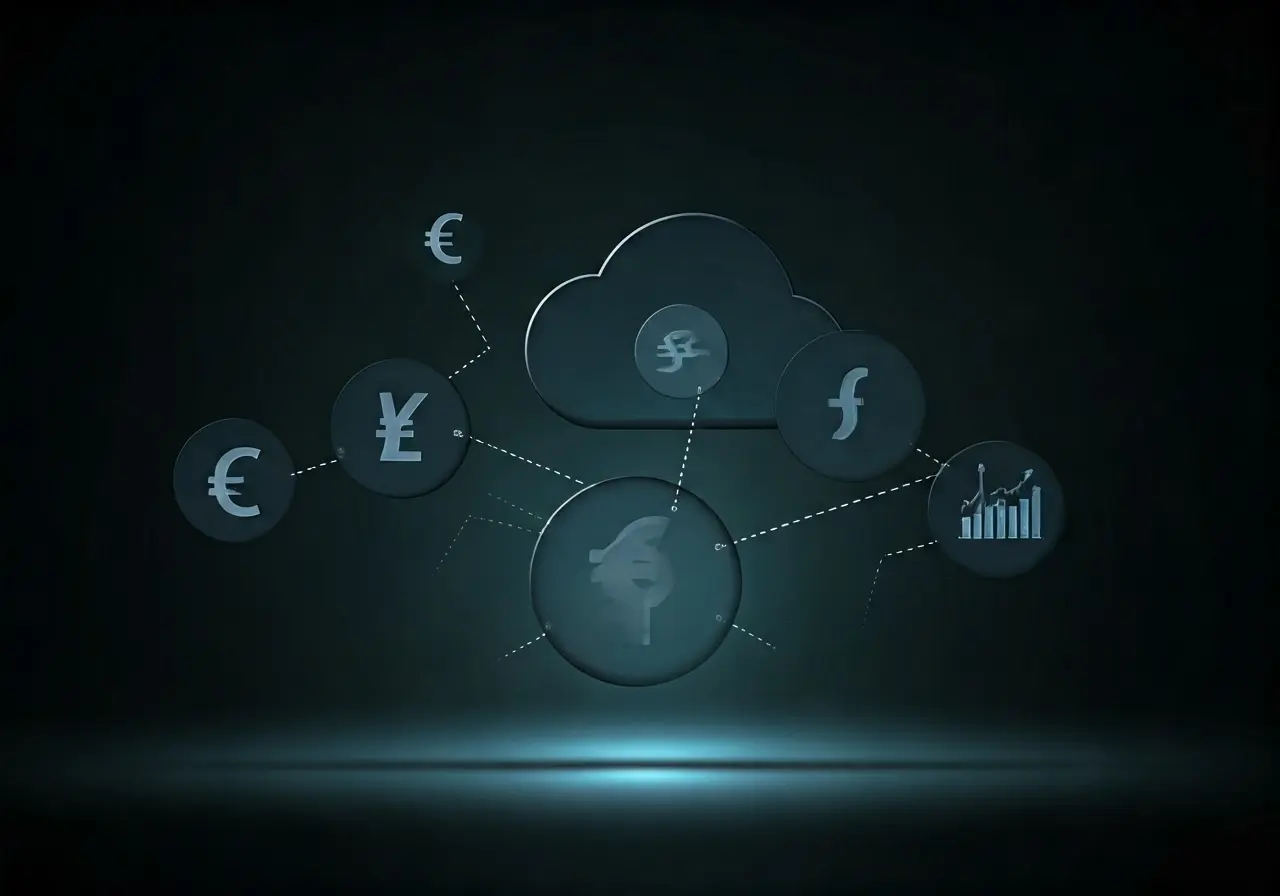 A cloud icon connecting with financial symbols and graphs. 35mm stock photo