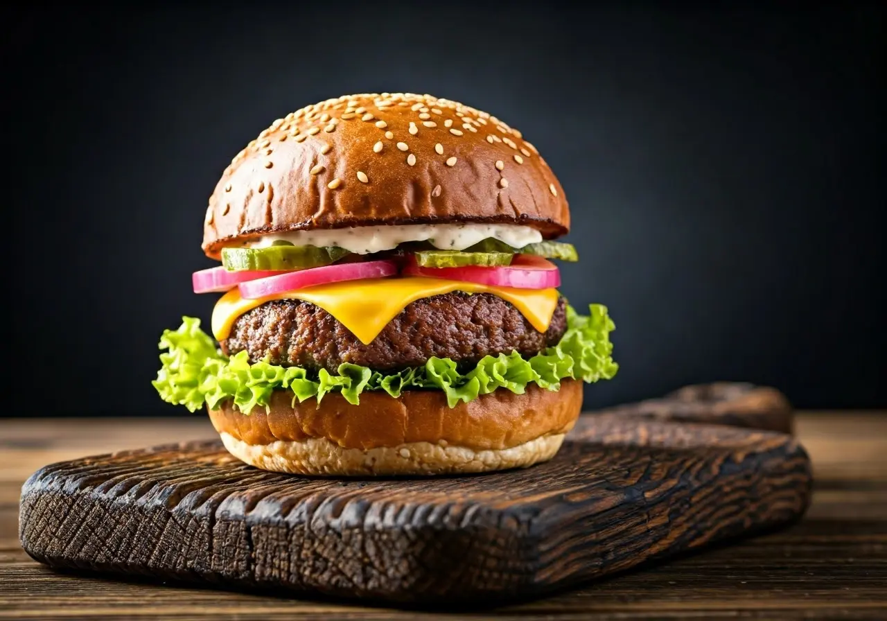 A juicy bison burger on a rustic wooden cutting board. 35mm stock photo