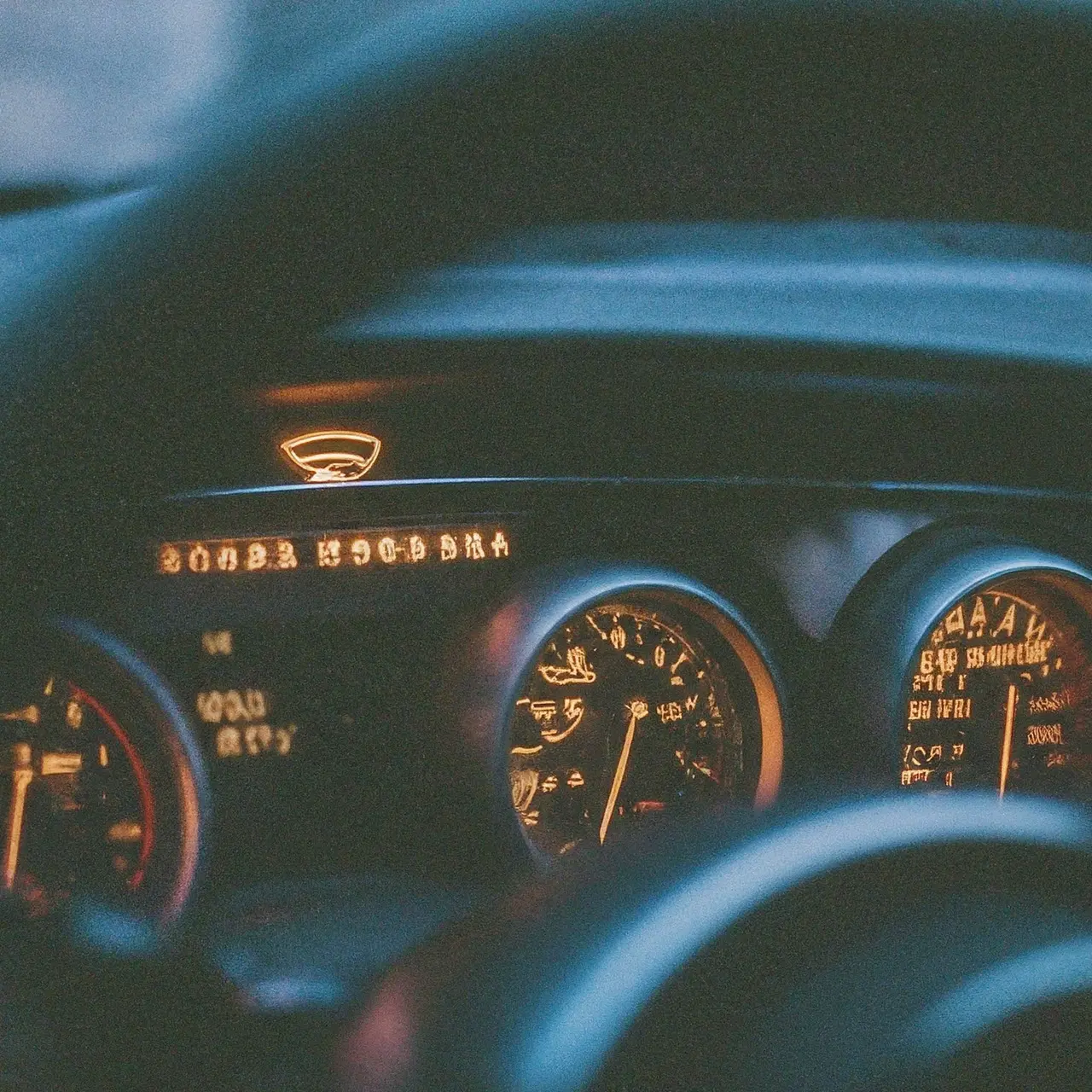 A car dashboard with air conditioning buttons illuminated at night. 35mm stock photo
