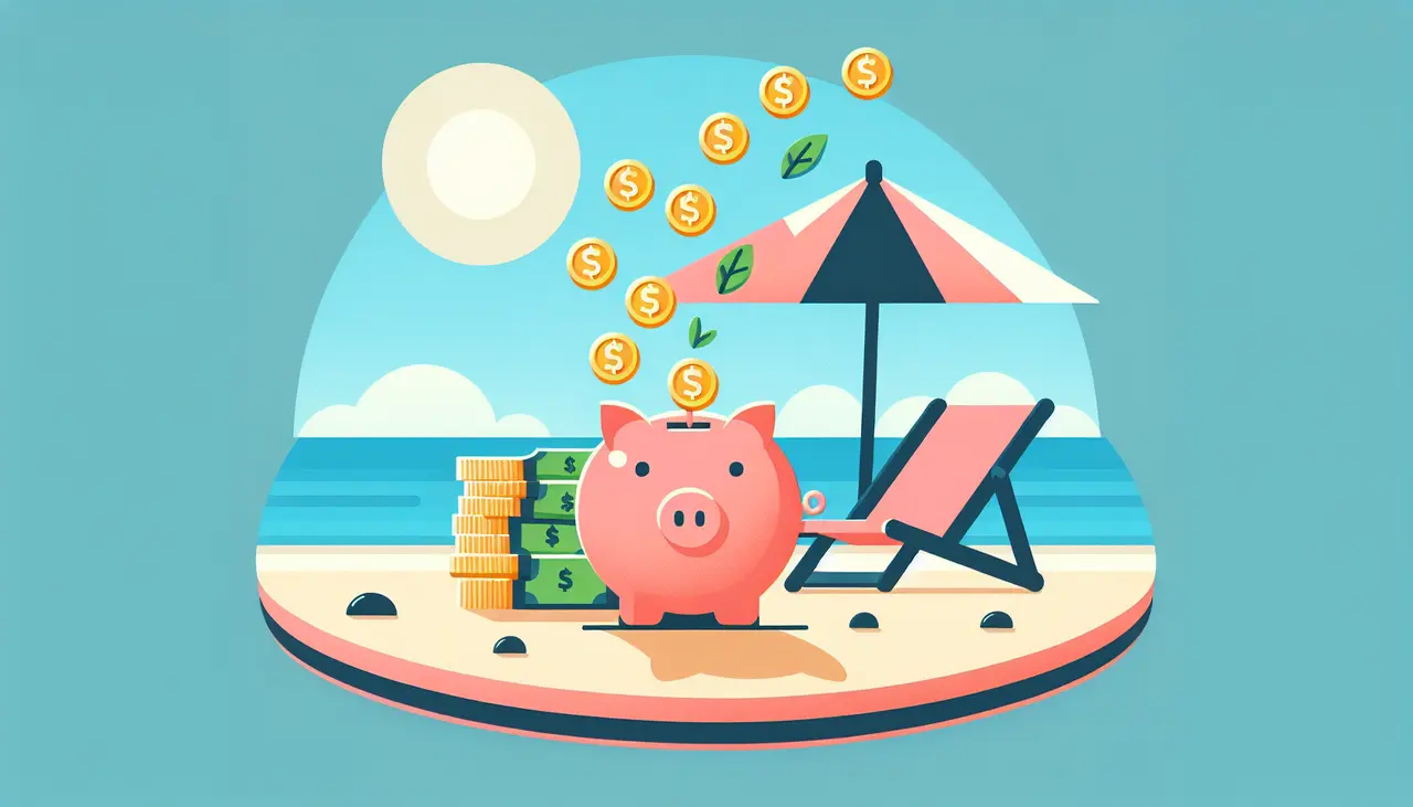 Draw a graphic in flat design style. Illustrate a sleek piggy bank with coins and dollar bills flowing into it, sitting beside a relaxed chair and umbrella on a sunny beach.