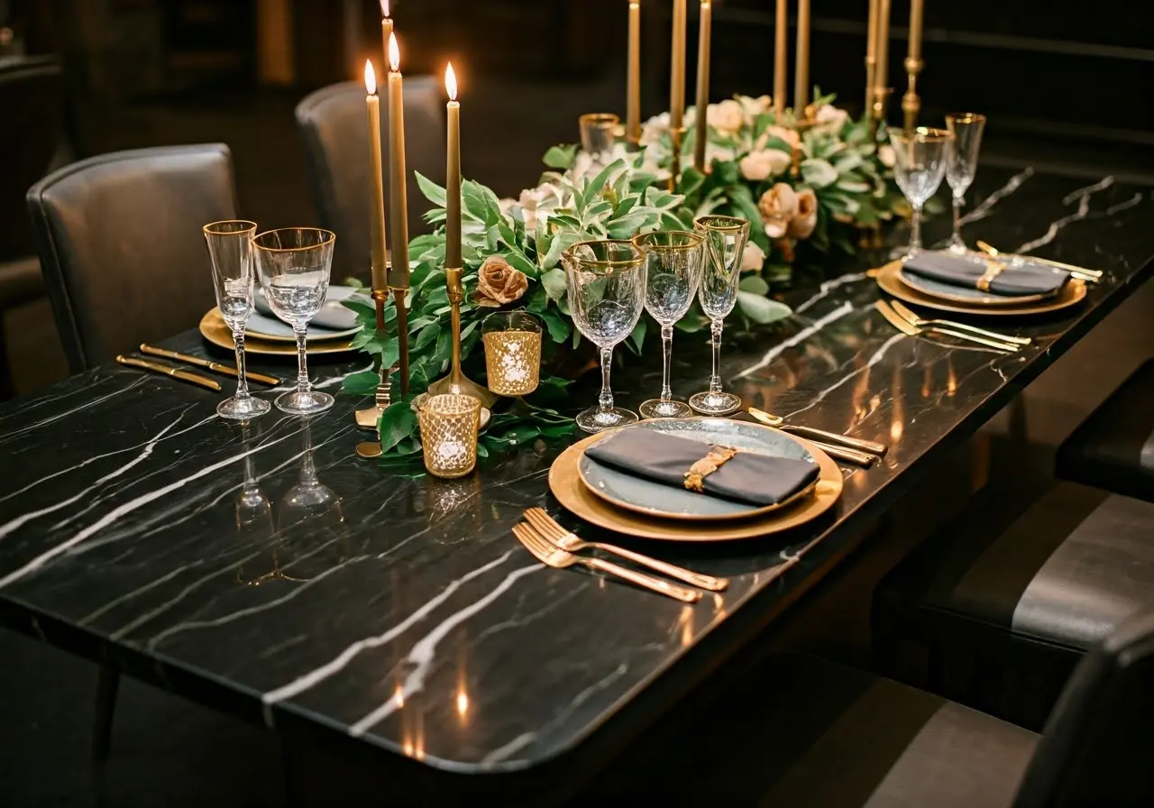 Elegant black marble table with gold accents and greenery. 35mm stock photo