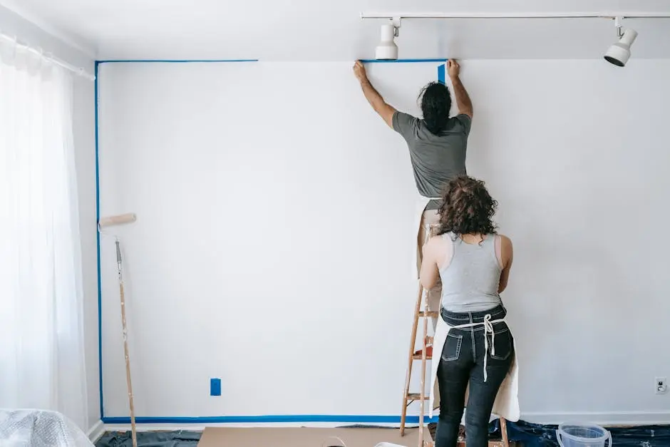 A couple works together on a DIY home renovation, painting walls in a modern apartment.