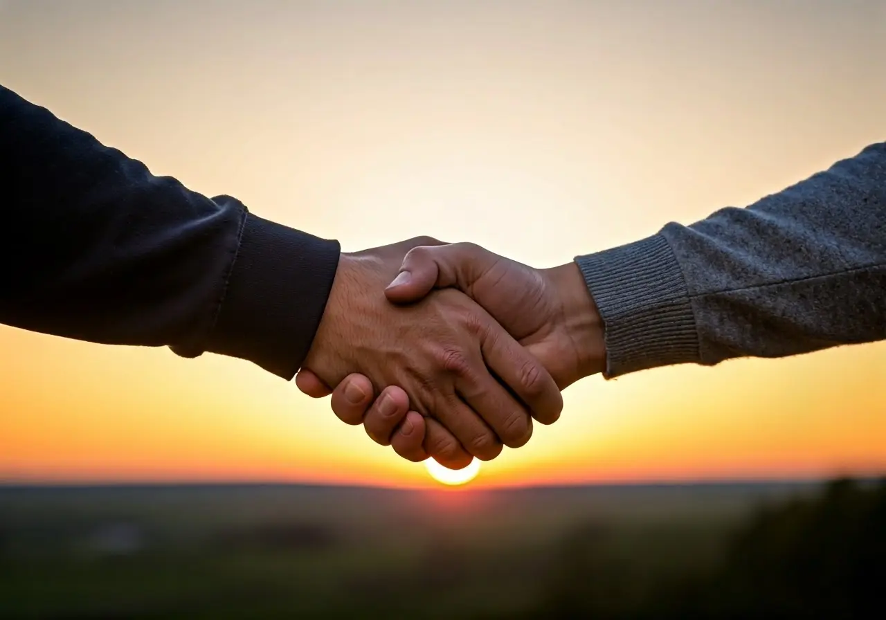 Two hands shaking in front of a peaceful sunset. 35mm stock photo