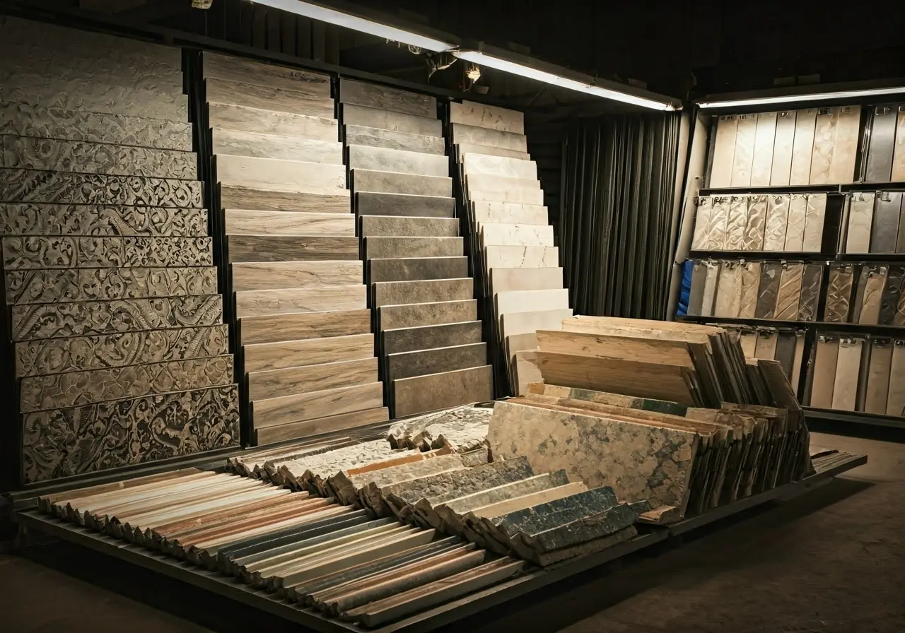 A variety of colorful ceramic tiles displayed in a showroom. 35mm stock photo