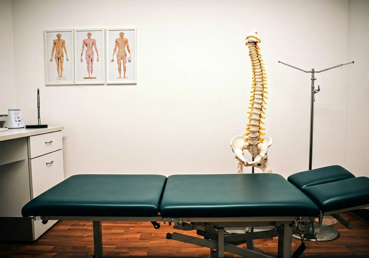 A chiropractor’s office with spine models and adjustment tools. 35mm stock photo