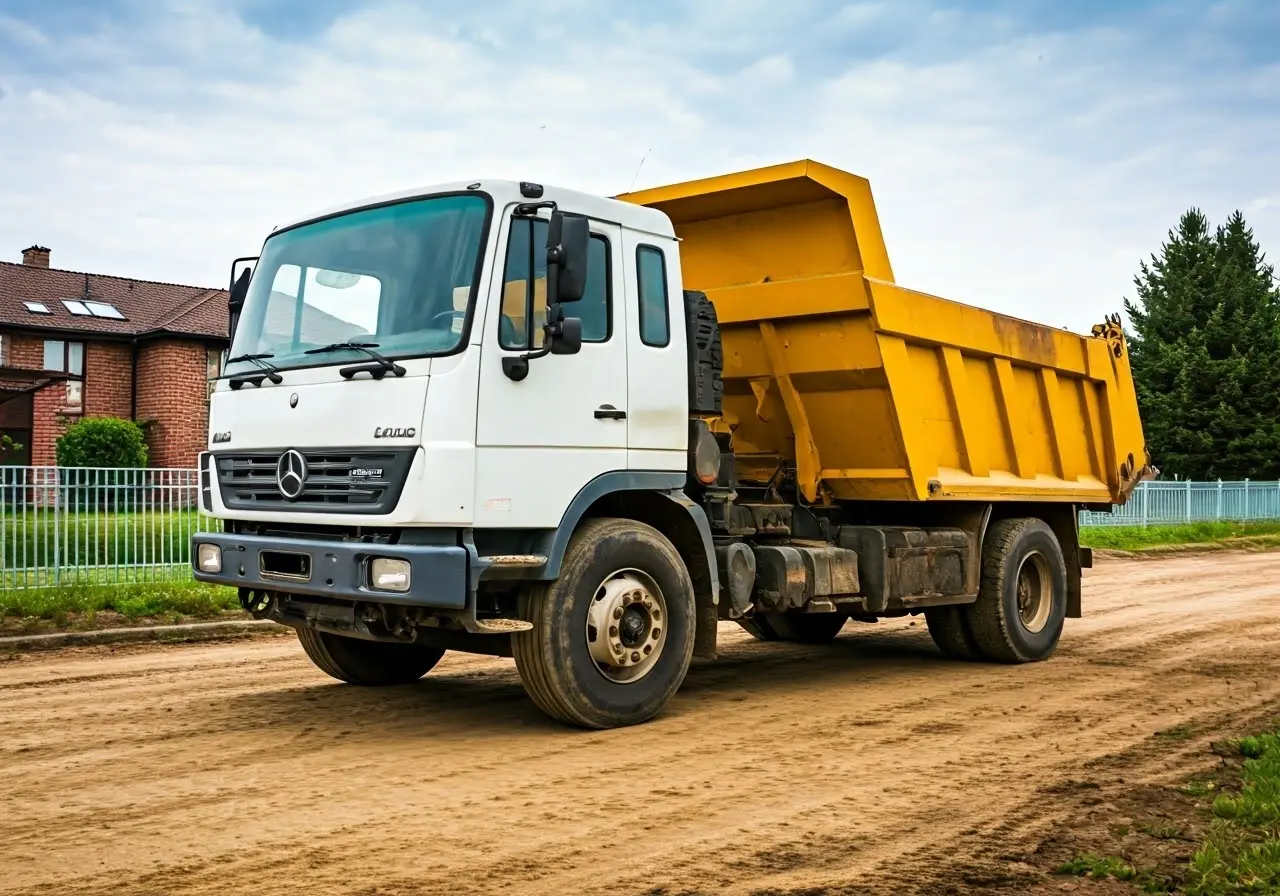 A dirt removal truck parked near a residential neighborhood. 35mm stock photo