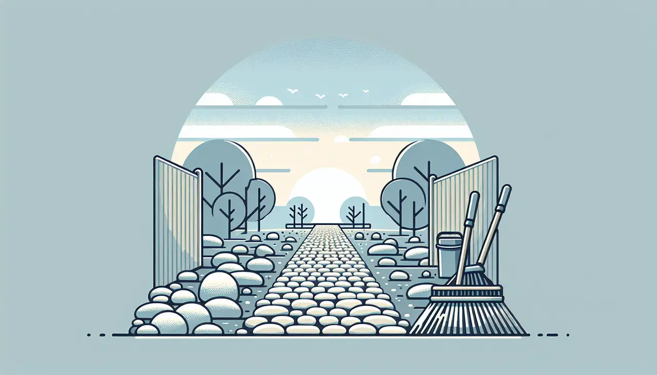 Draw a graphic in flat design style. A clean pebble walkway with a broom and a rake beside it, under a clear sky.