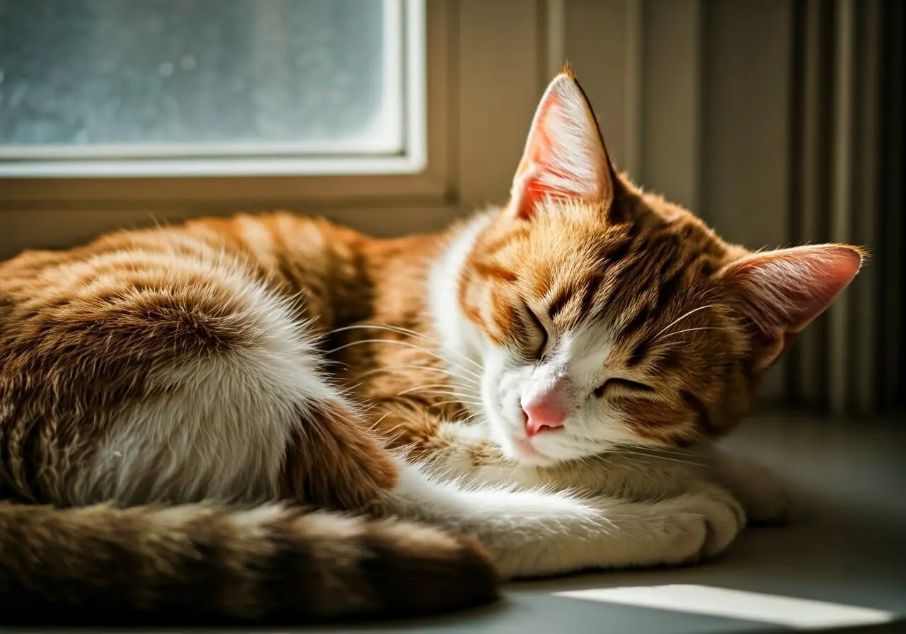 A cozy cat sleeping in a sunny windowsill. 35mm stock photo