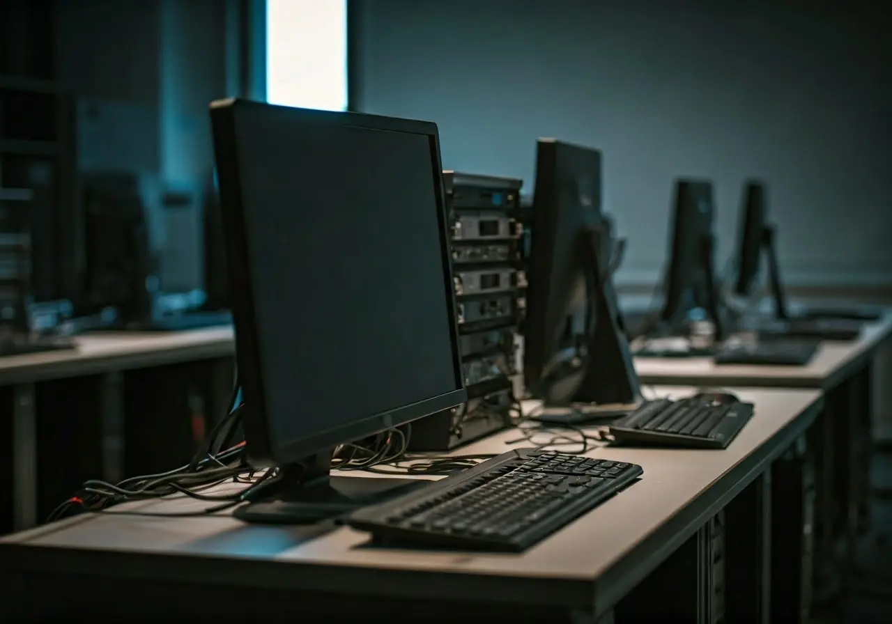 A busy office with computers and network equipment. 35mm stock photo