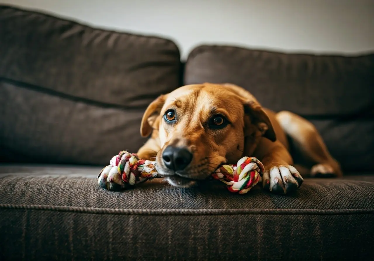 A dog with a chew toy on a cozy couch. 35mm stock photo