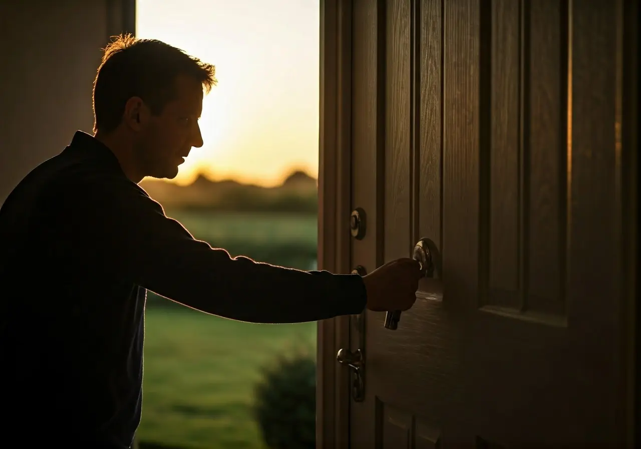 A locksmith unlocking a residential front door at sunset. 35mm stock photo