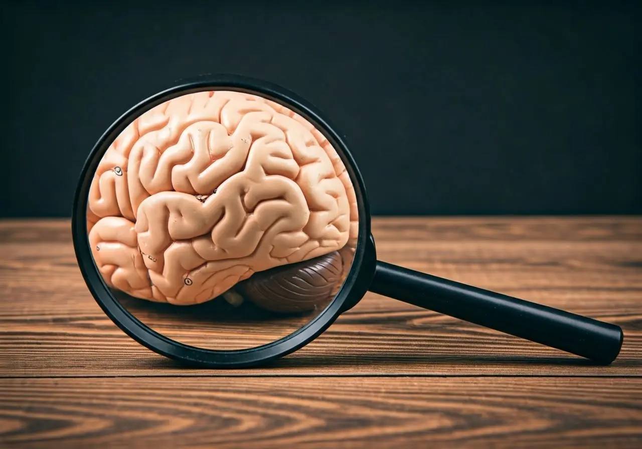 Magnifying glass examining a brain model on a wooden desk. 35mm stock photo