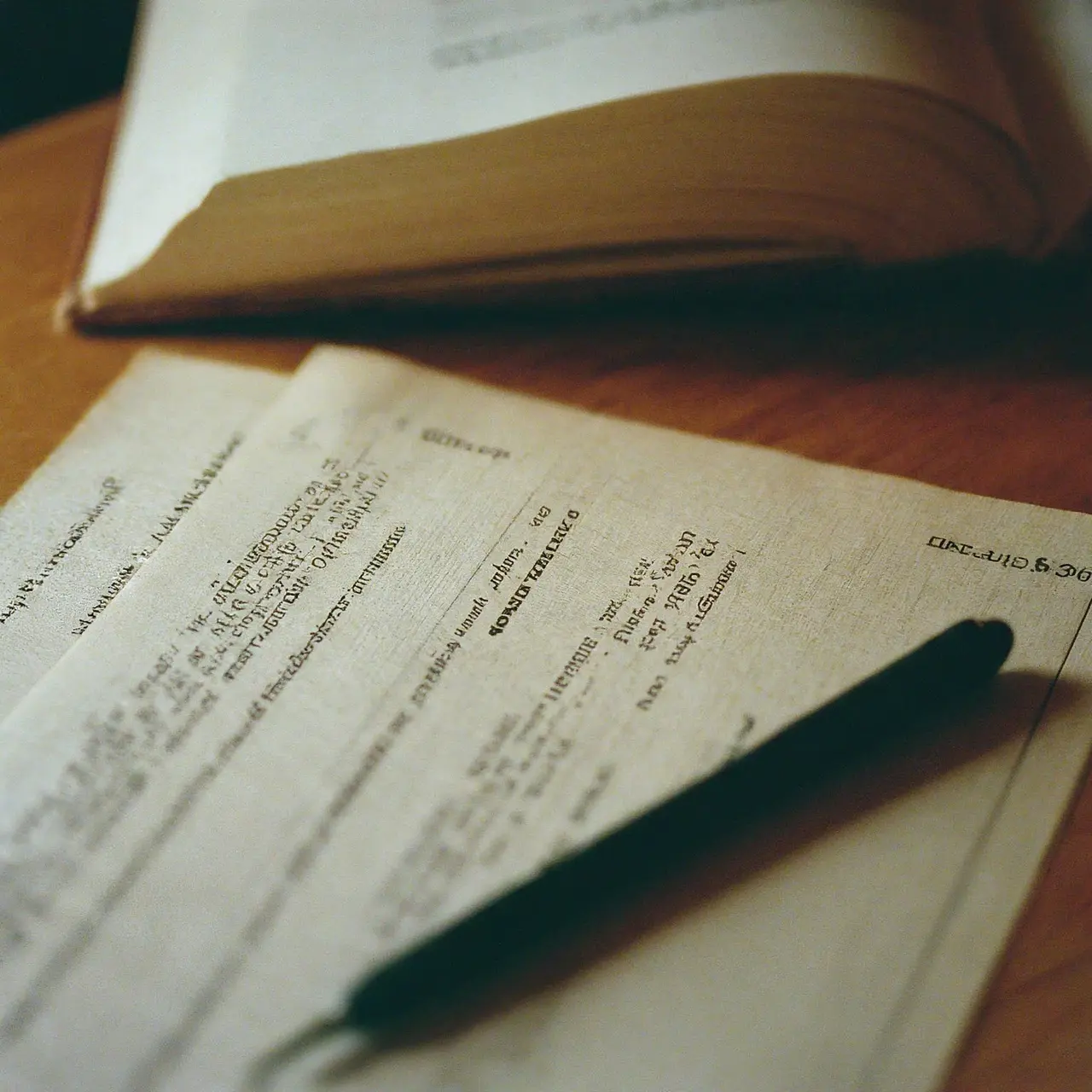 A desk with academic transcripts and a pen.