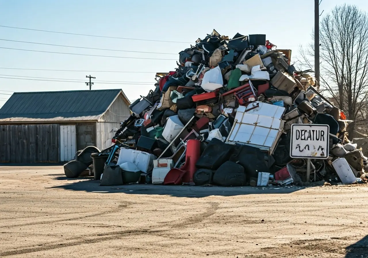 Pile of assorted junk ready for removal with Decatur sign. 35mm stock photo