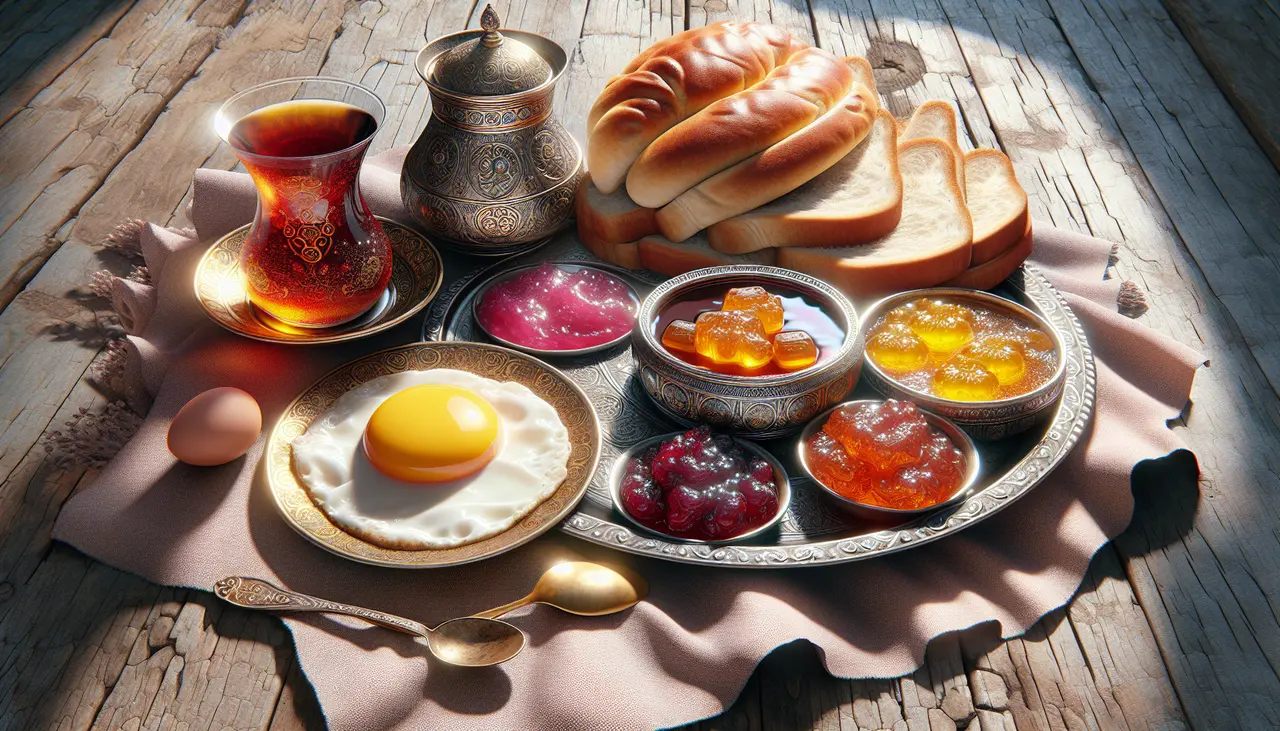 turkish breakfast with egg, jam, turkish tea and bread