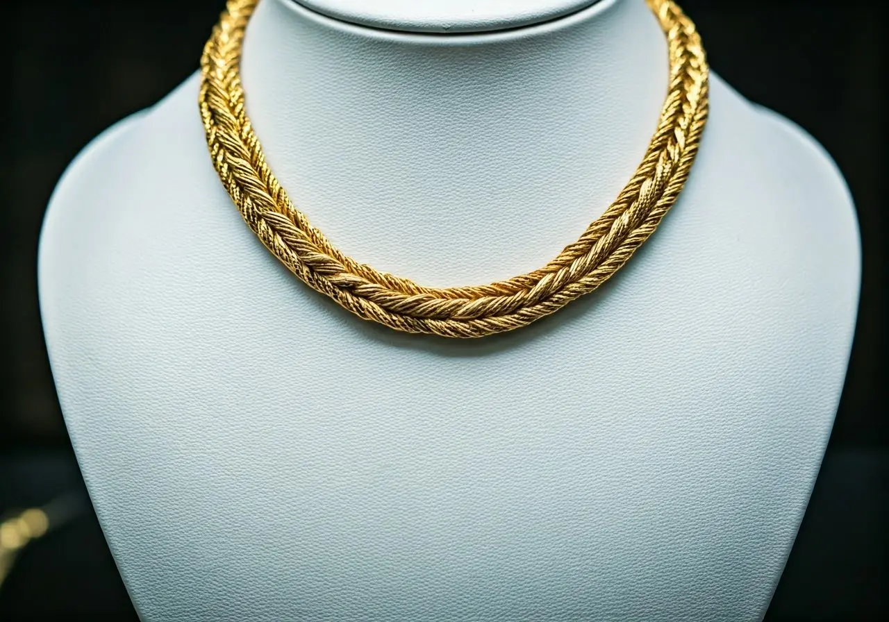 A gleaming 18k gold necklace on a white jewelry stand. 35mm stock photo