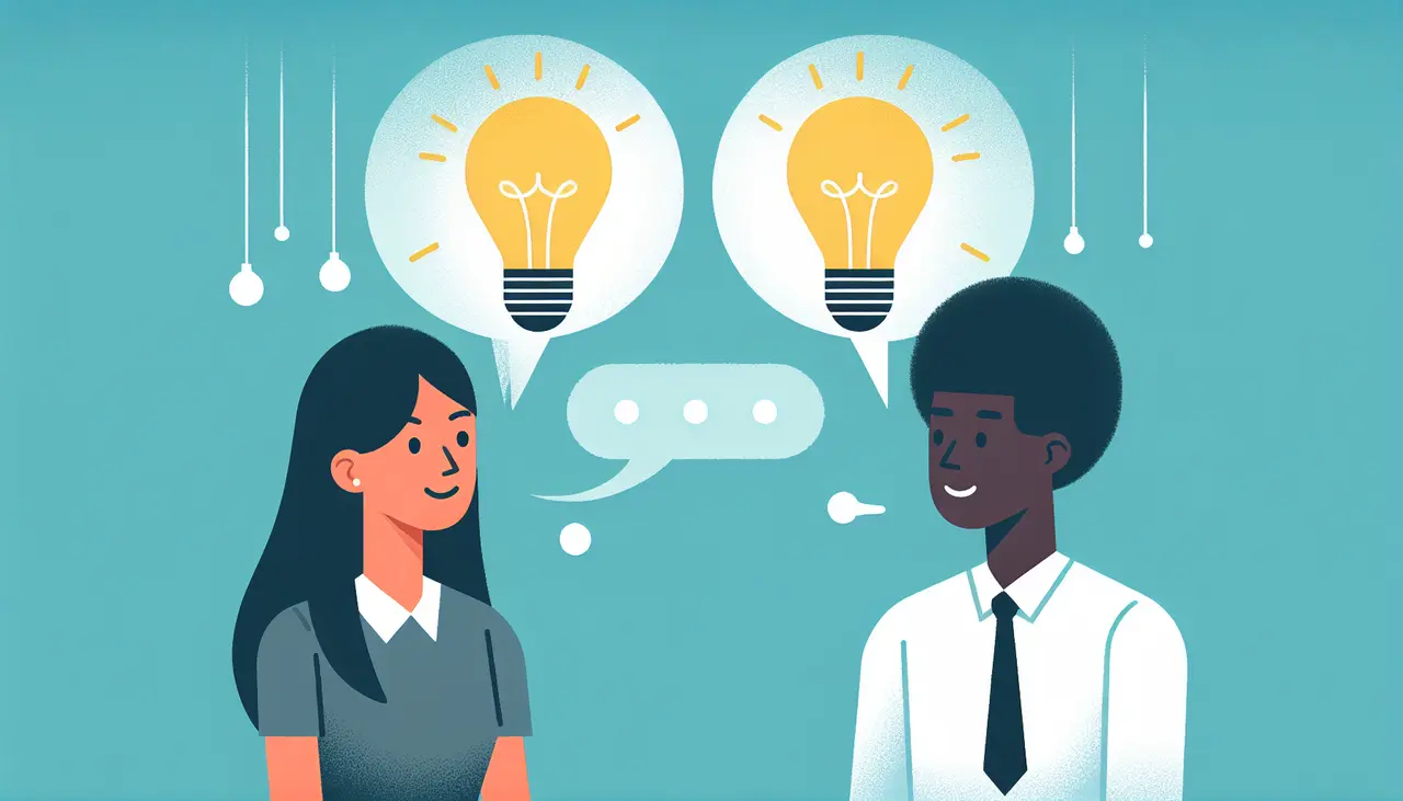 Draw a graphic in flat design style. Two people with overlapping lightbulbs above their heads, symbolizing an exchange of ideas.