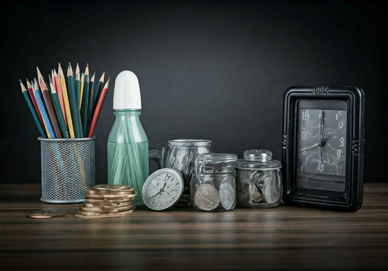 Objects and symbols representing personal growth and daily routines. 35mm stock photo