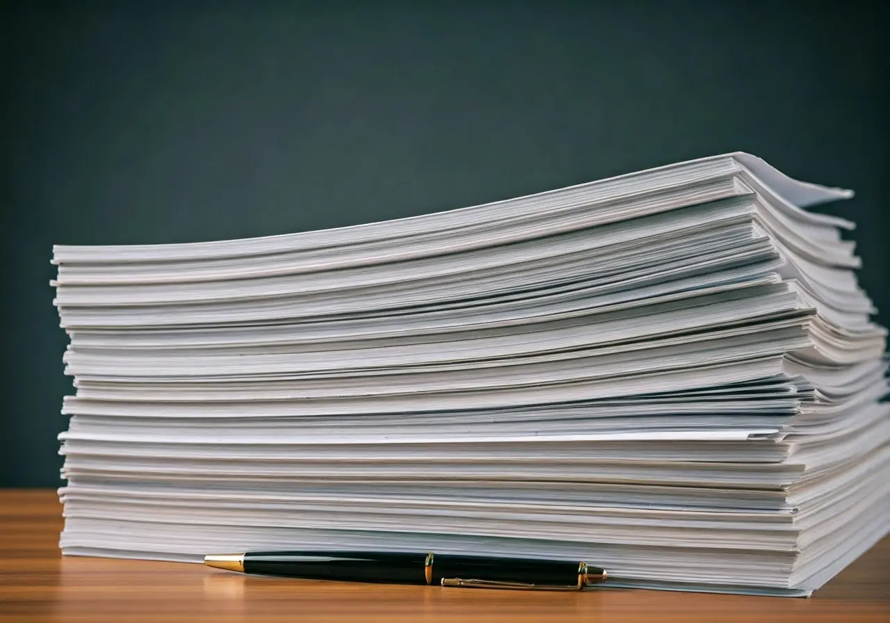 A stack of organized documents on a desk with a pen. 35mm stock photo