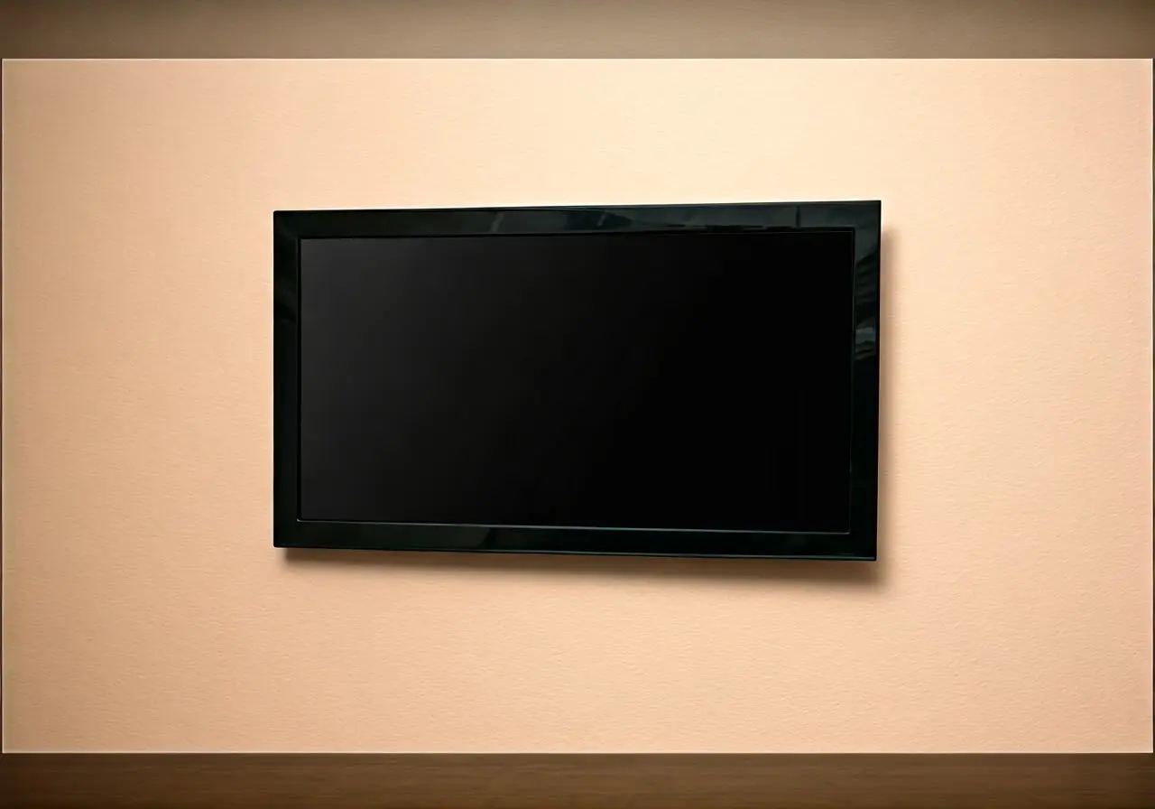 A wall with a crookedly mounted flat-screen TV. 35mm stock photo