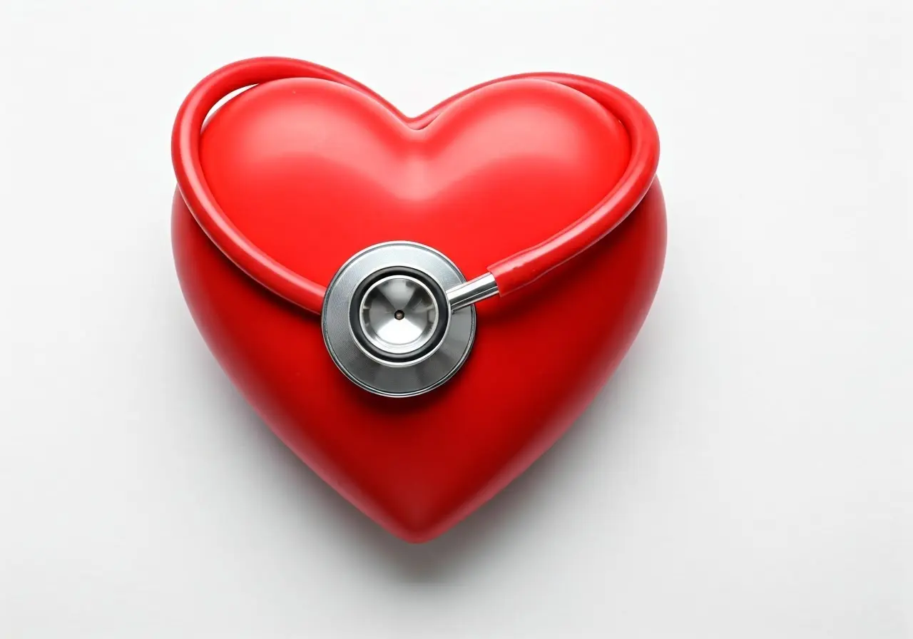 A stethoscope on a bright red heart-shaped illustration. 35mm stock photo