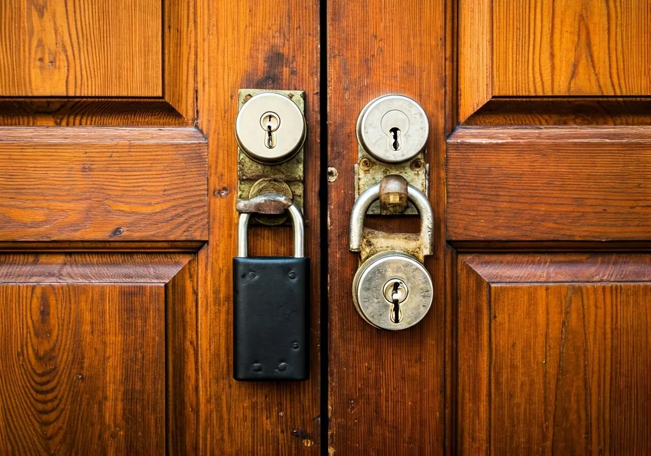 A set of sturdy commercial-grade locks on a wooden door. 35mm stock photo