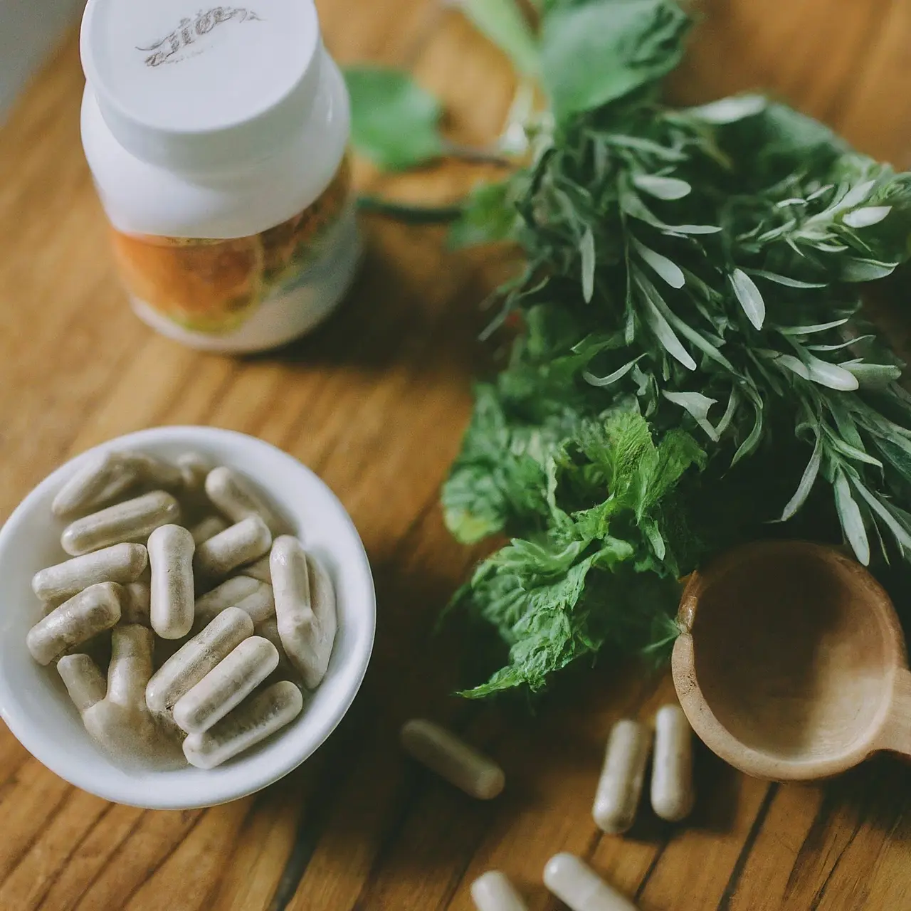 A variety of natural supplements and fresh herbs on a wooden table. 35mm stock photo