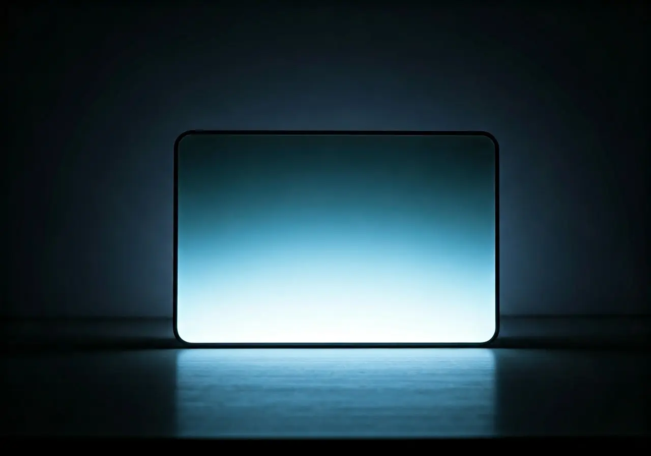 A sleek light box glowing bright against a dark background. 35mm stock photo