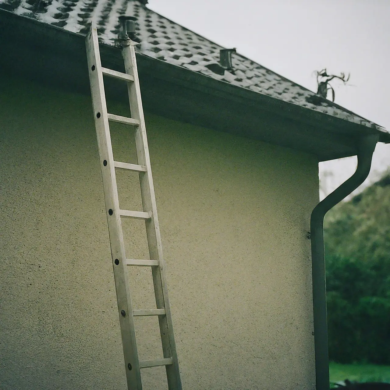 A ladder leaning against a house with clean gutters. 35mm stock photo