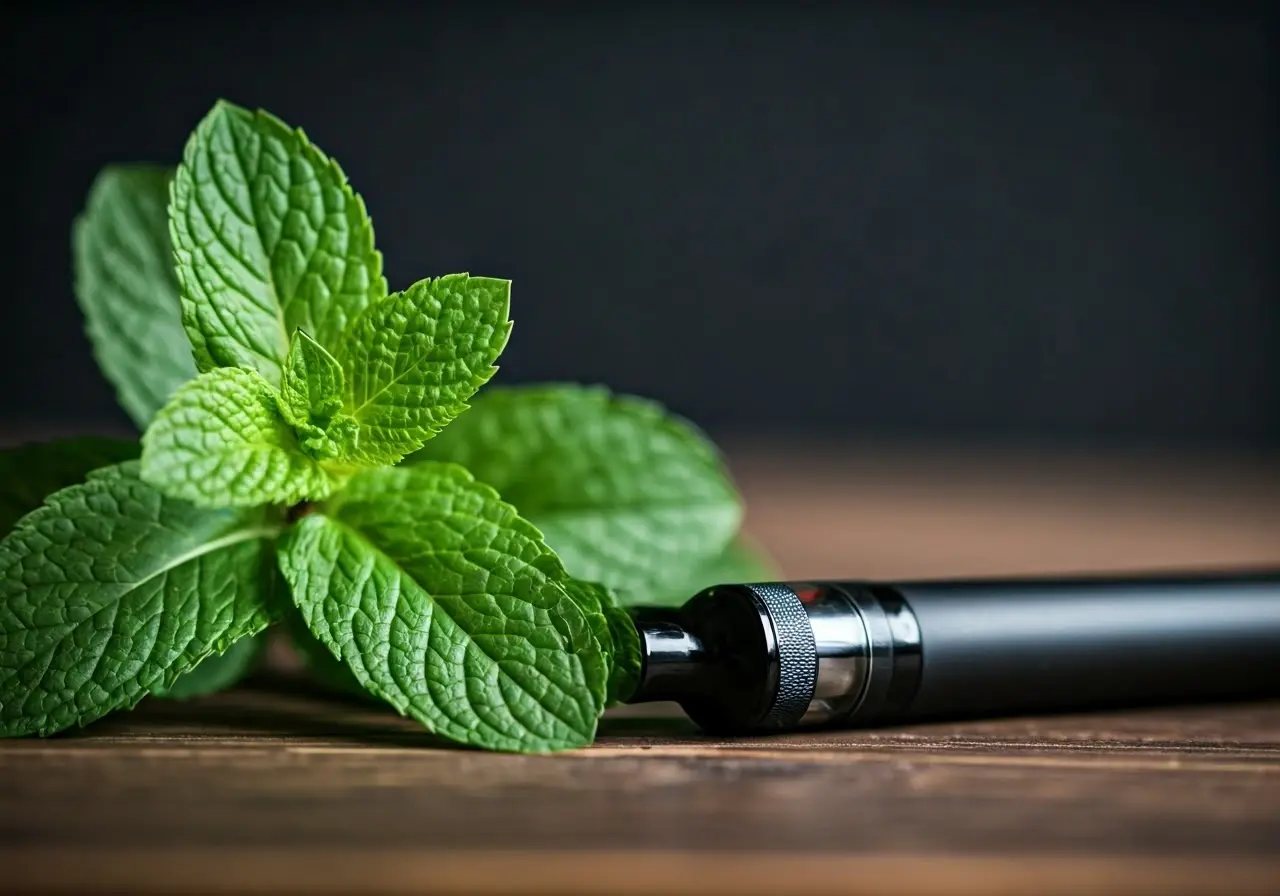 A close-up of mint leaves beside a sleek vape pen. 35mm stock photo