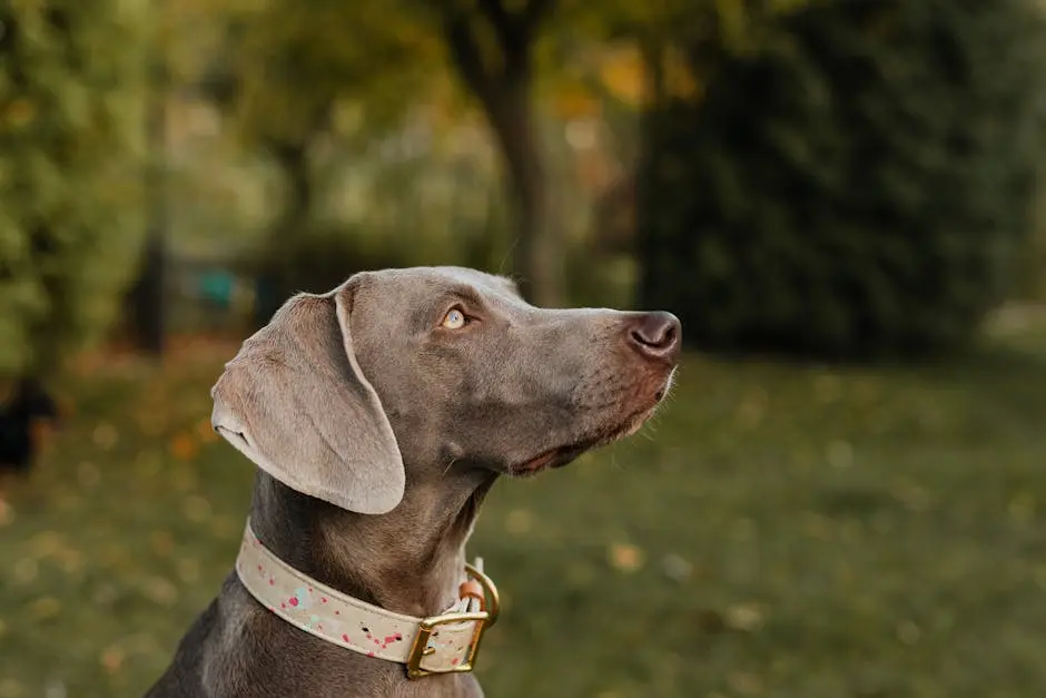 Profile of a Weimaraner dog with collar in a peaceful park scene.