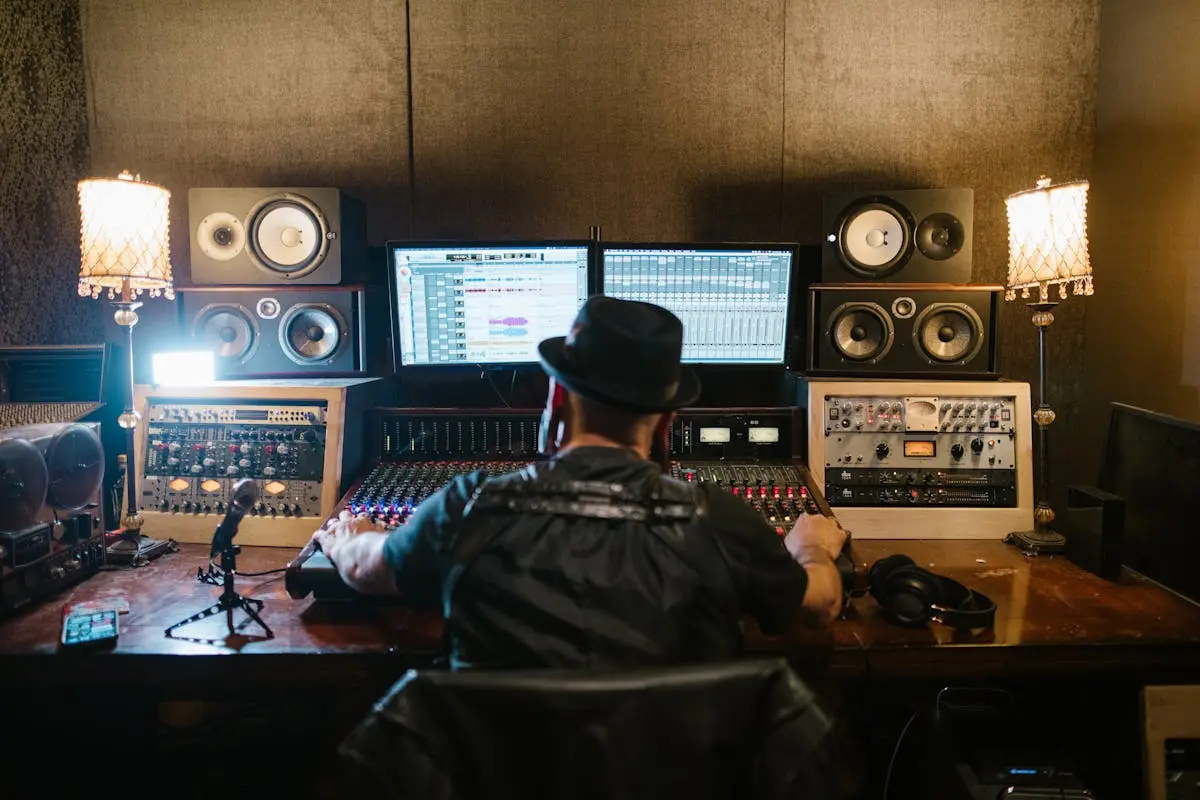 Music Producer Sitting in a Studio in front of a Computer and Console 