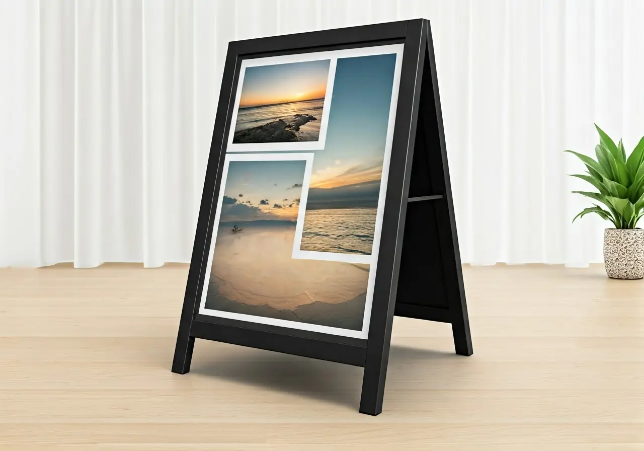 Black A-Frame sign with two customizable prints on display. 35mm stock photo