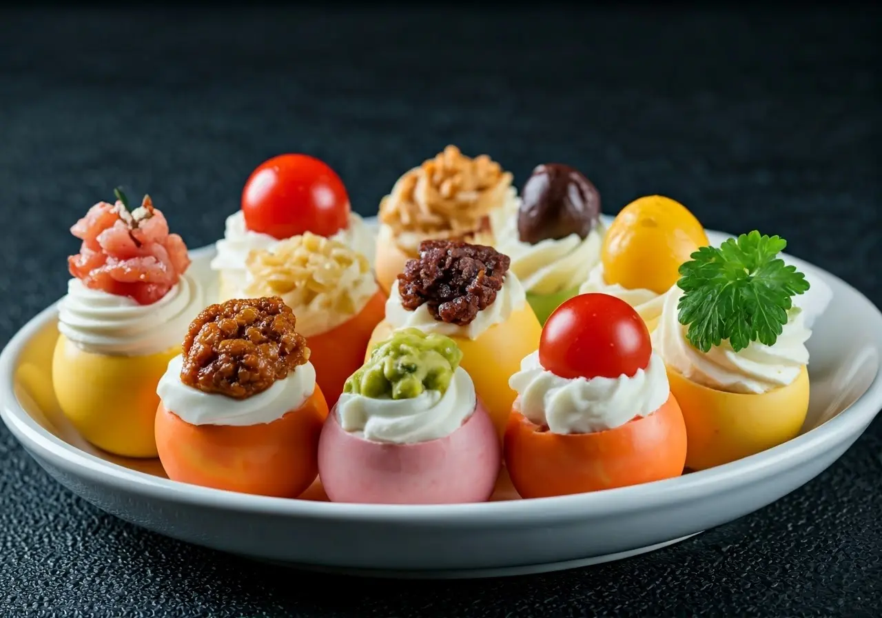 A colorful array of egglets topped with various delicious ingredients. 35mm stock photo