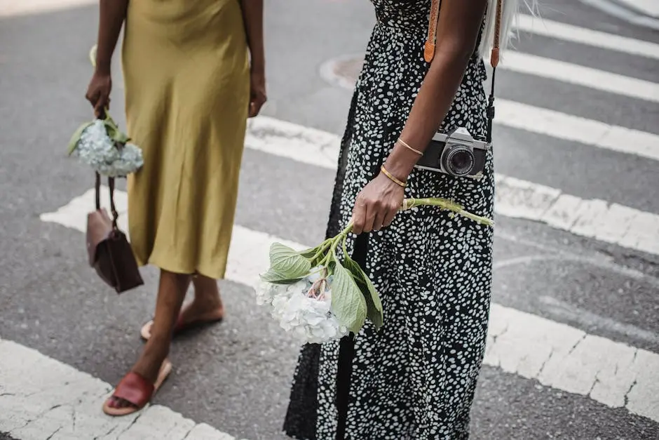 Two women in stylish dresses crossing a street with flowers, embodying urban fashion.